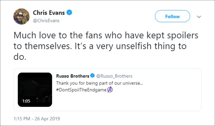 Chris Evans Asked Fans Not to Spoil 'Avengers: Endgame'