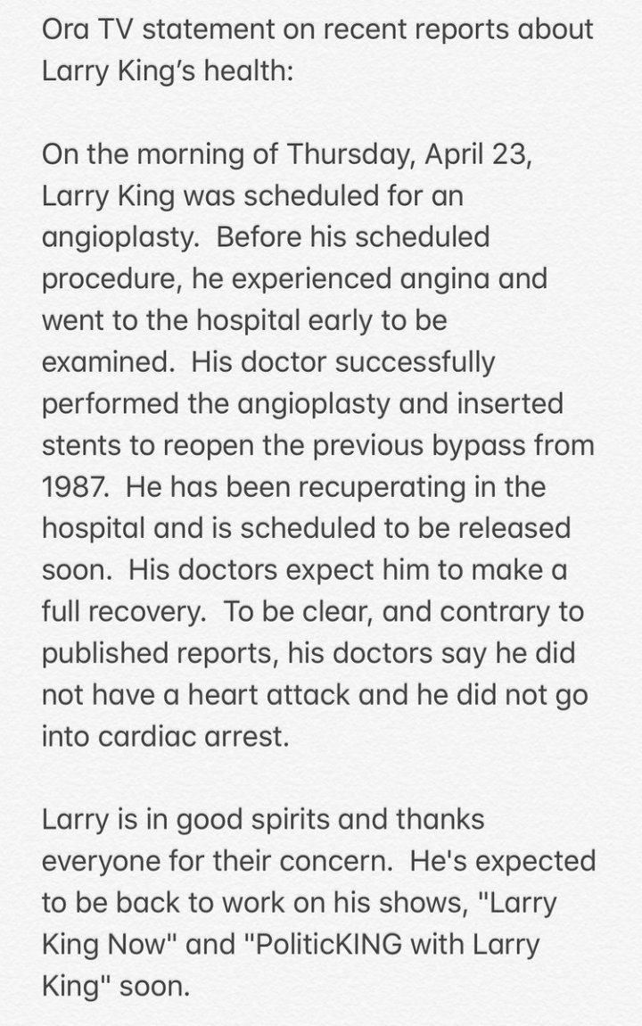 Official Statement on Larry King's Health Scare
