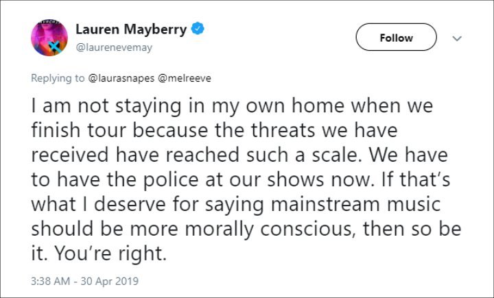 Lauren Mayberry's Twitter Post.