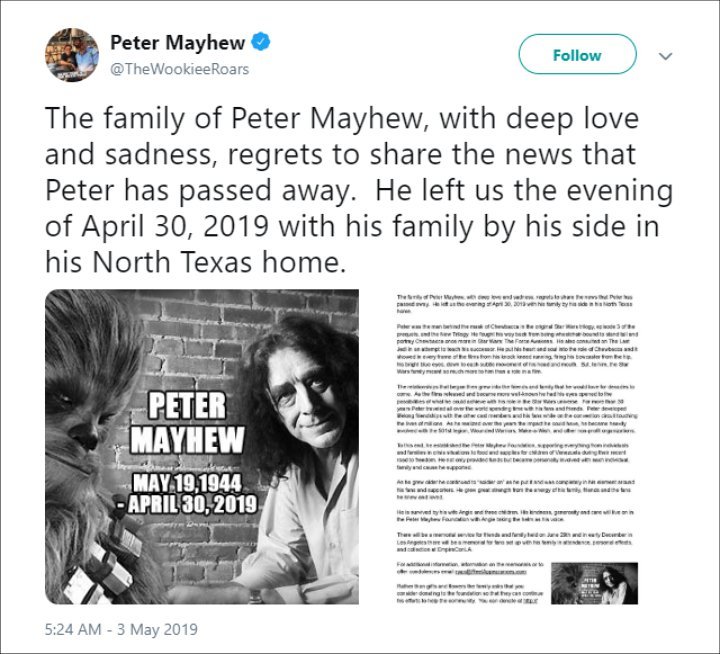 'Star Wars' Actor Peter Mayhew Died at 74