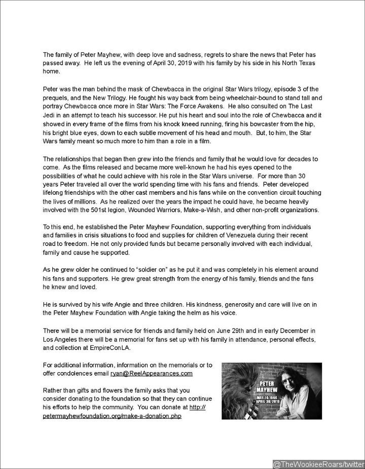 A Family Statement on Peter Mayhew's Death