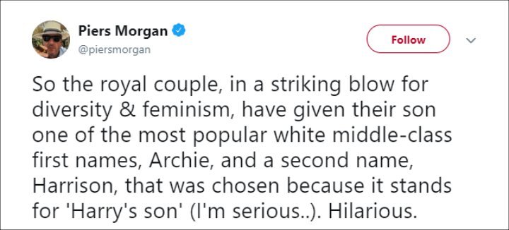 Piers Morgan Slams the Name of Prince Harry and Meghan Markle's Son