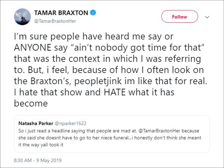 Tamar Braxton's Twitter post.