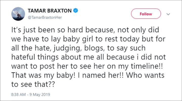 Tamar Braxton's Twitter post.