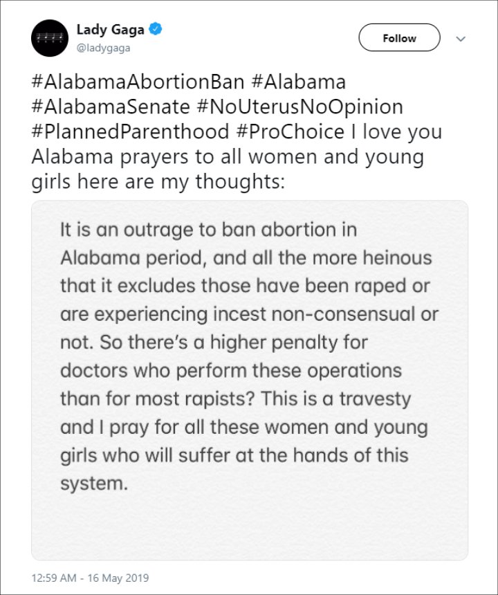 Lady GaGa Reacts to Alabama Abortion Bill