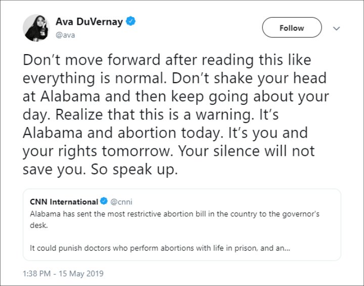 Reacts to Alabama Abortion Bill