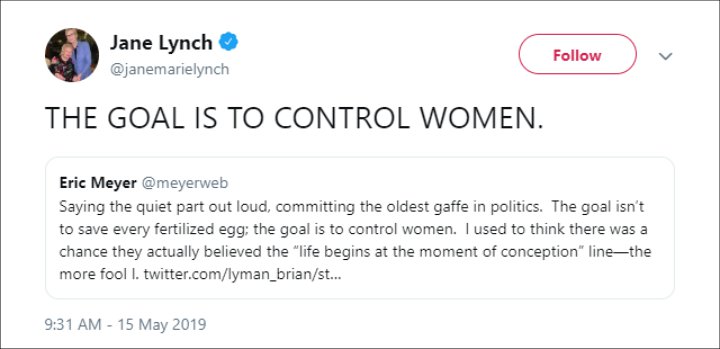Jane Lynch Reacts to Alabama Abortion Bill
