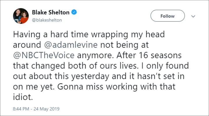 Blake Shelton Reacts to Adam Levine's 'The Voice' Exit