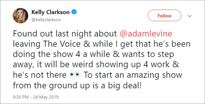 Kelly Clarkson Reacts to Adam Levine's 'The Voice' Exit