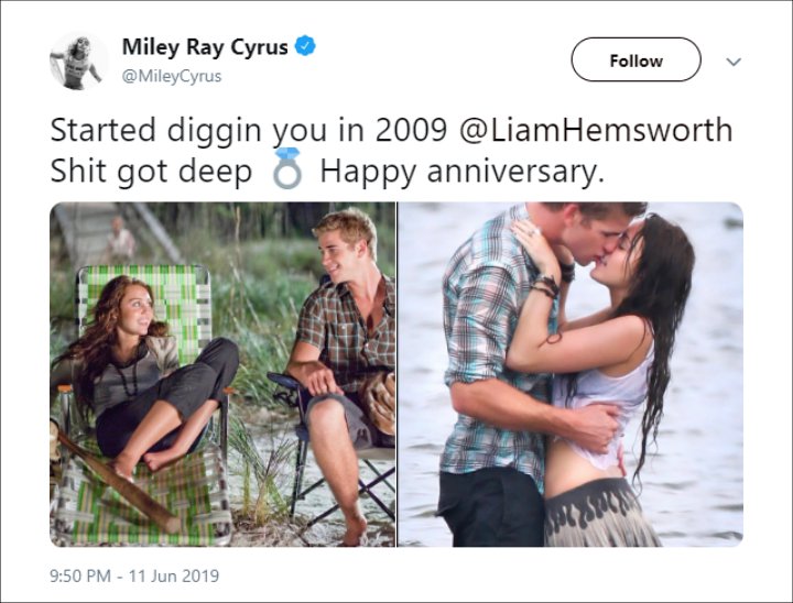 Miley Cyrus Celebrates 10th Anniversary With Liam Hemsworth