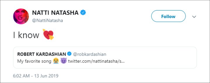 Rob Kardashian and Natti Natasha's Twitter exchange.