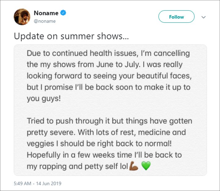 Noname's show cancellation announcement.