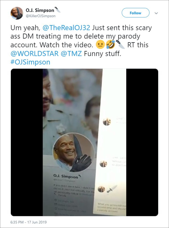 O J Simpson Accused Of Threatening Man Who Parodies His Twitter Account