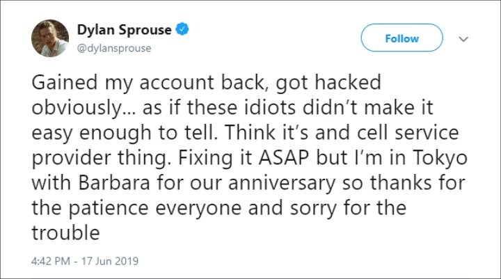 Dylan Sprouse's apology tweet.