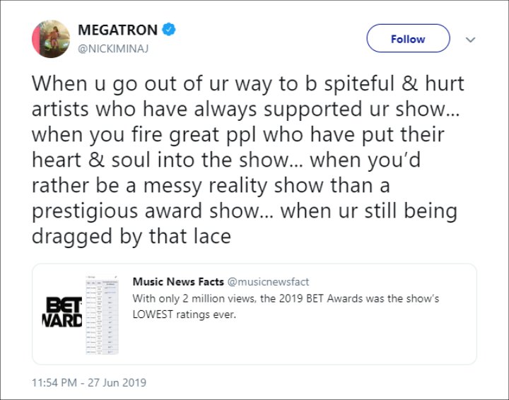Nicki Minaj Takes a Jab at 'Spiteful' BET Bosses
