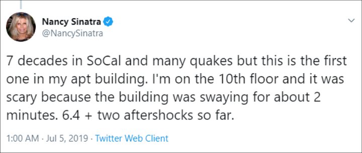Nancy Sinatra Tweets About Los Angeles Earthquake
