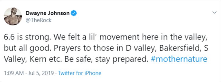 Dwayne Johnson Tweets About Los Angeles Earthquake
