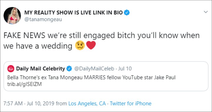 Tana Mongeau's Twitter post.