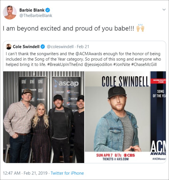 Kelly Kelly Tweets About Cole Swindell's ACM Nomination