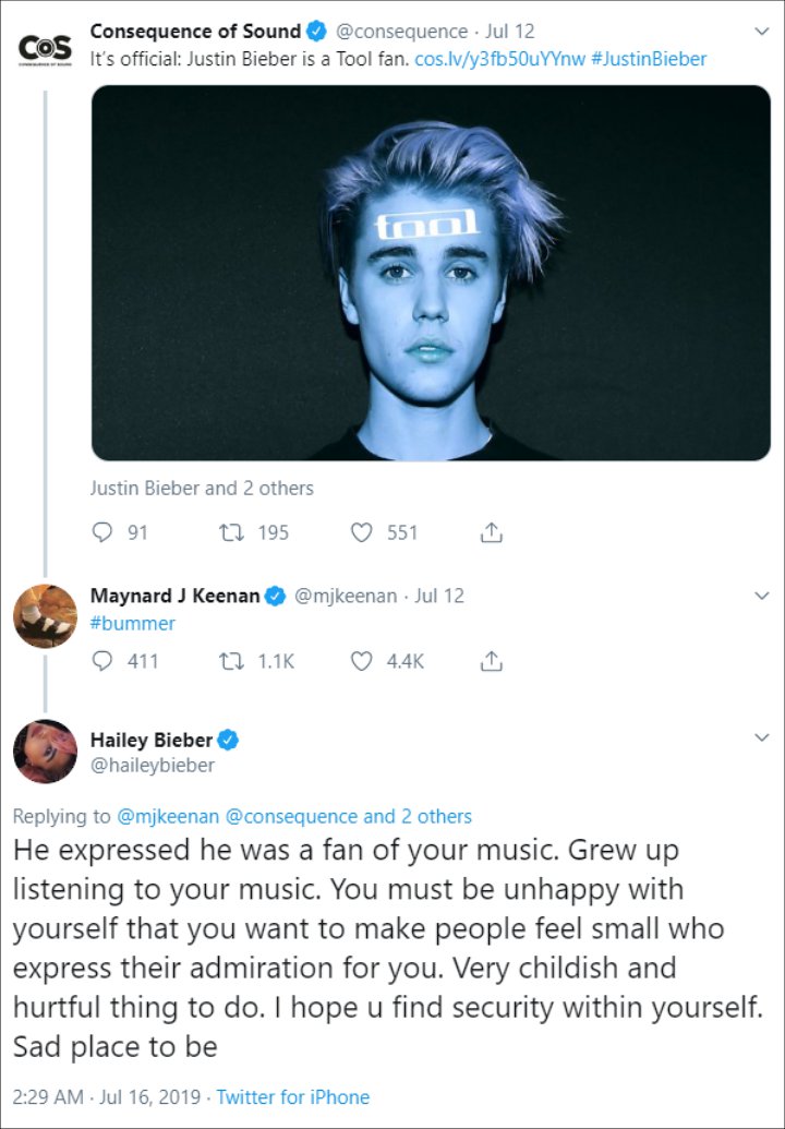 Hailey Baldwin Claps Back at Tool's Frontman for Dissing Justin Bieber