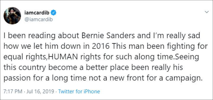 Cardi B Voices Her Support for Presidential Candidate Bernie Sanders