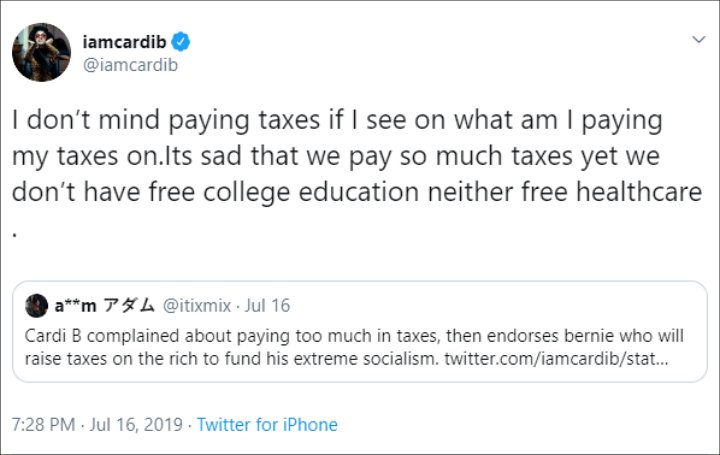 Cardi B Responds to Troll Criticizing Her for Supporting Presidential Candidate Bernie Sanders