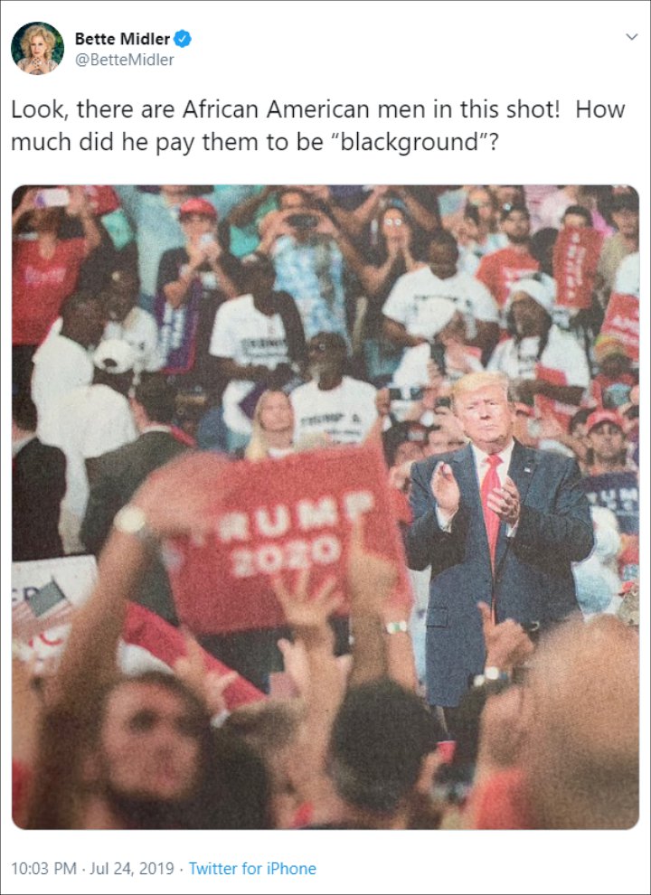 Bette Midler Sparks Backlash for Suggesting Donald Trump Paid Black Supporters at His Rallies