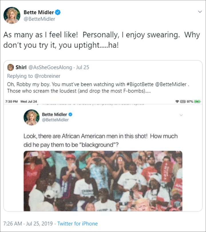 Bette Midler Hits Back at a Twitter User Calling Her a Bigot