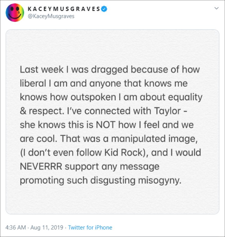 Kacey Musgraves Denies Liking Kid Rock's Crude Twitter Post About Taylor Swift