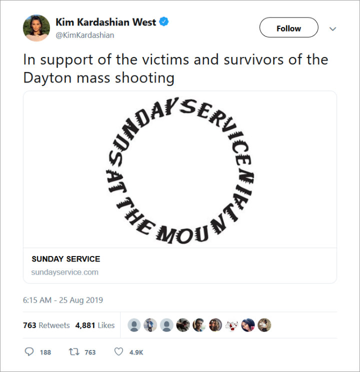 Kim Kardashian Tweets About Kanye West's Sunday Service to Honor Mass Shooting Victims