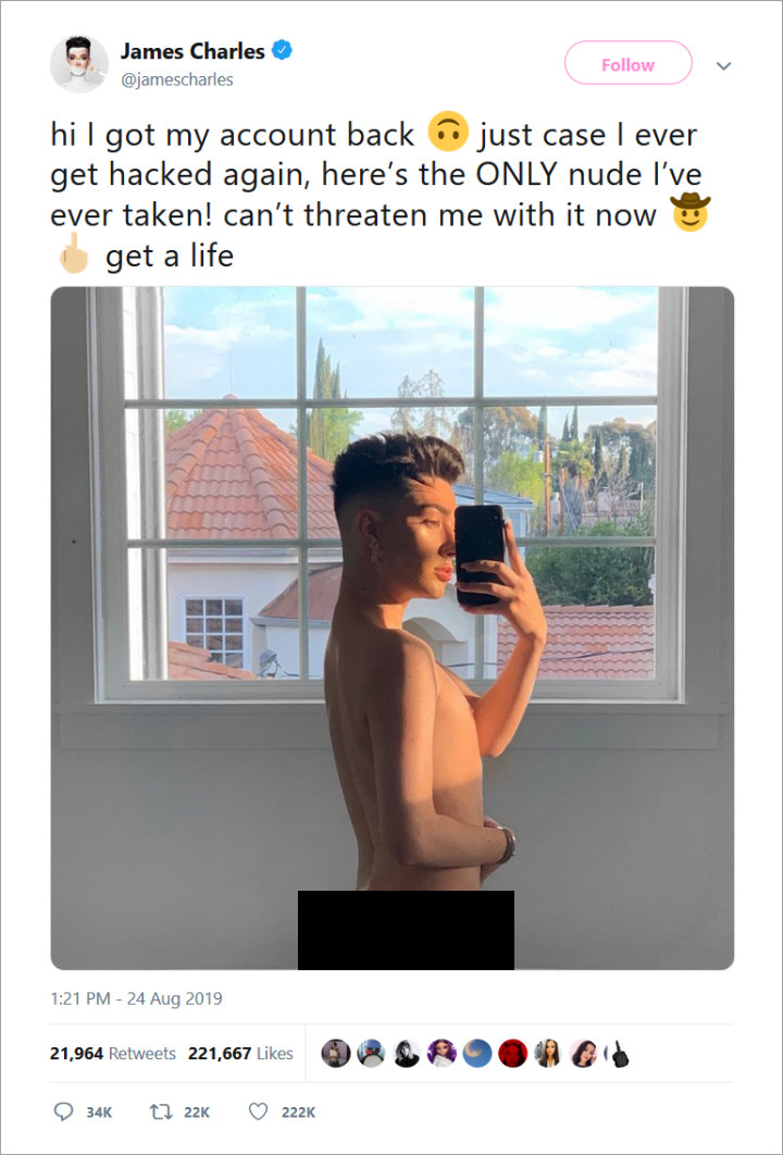 YouTuber James Charles leaks own naked pictures after 