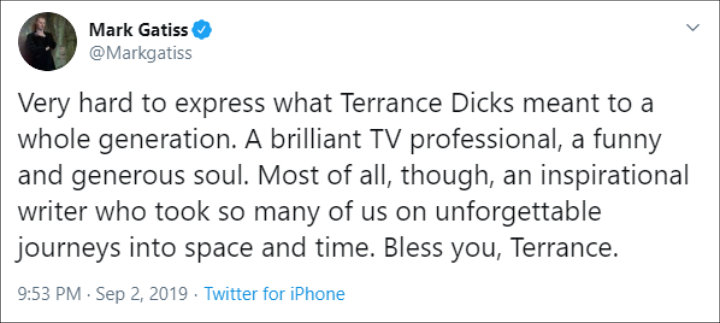 Mark Gatiss Pays Tribute to 'Doctor Who' Writer Terrance Dicks