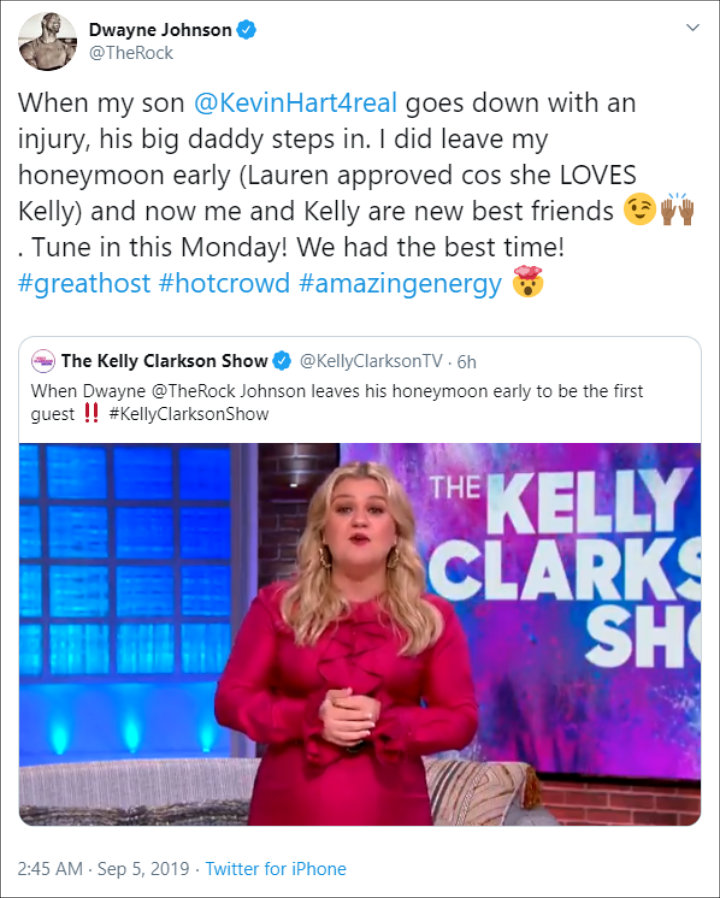 Dwayne Johnson Steps In to Replace Kevin Hart on Kelly Clarkson's Talk Show