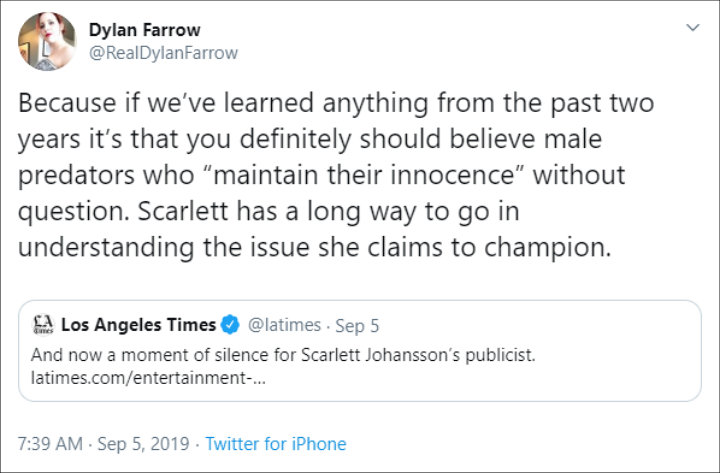 Dylan Farrow slammed Scarlett Johansson on Twitter