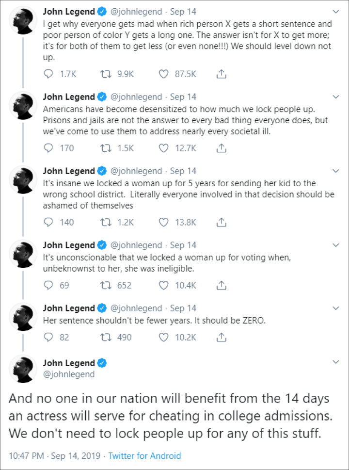 John Legend Criticizes Felicity Huffman's Prison Sentence for College Admissions Scandal