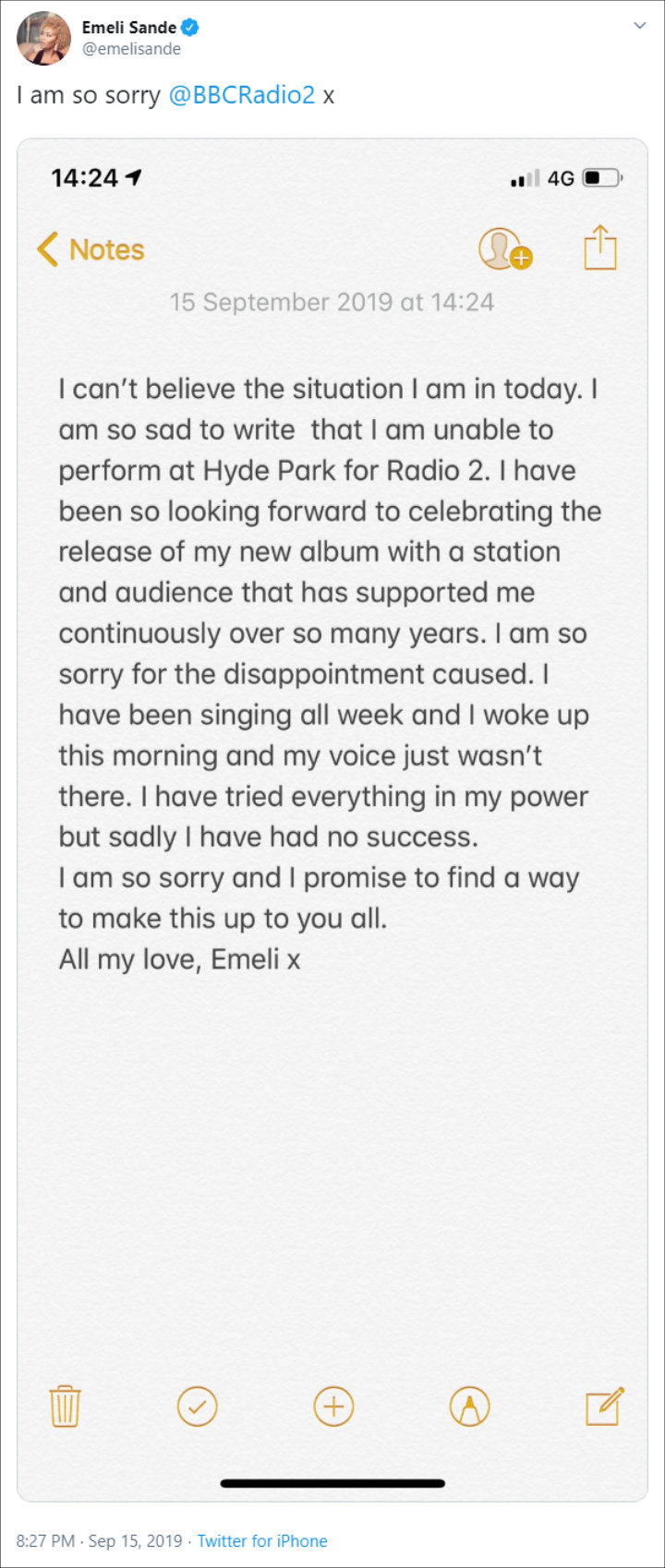 Emeli Sande apologizes to fans