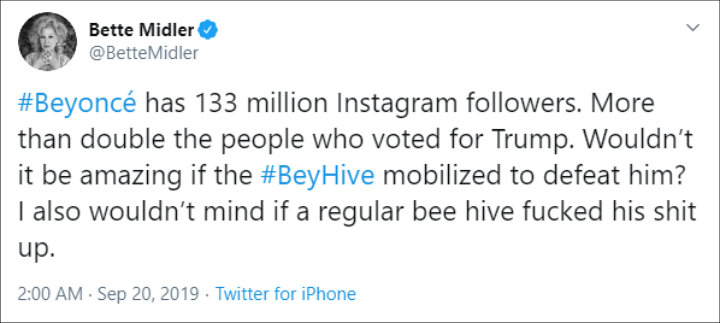Bette Midler sparks uproar with her tweet about Beyhive