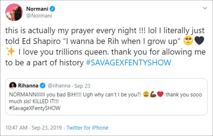 Rihanna raved over Normani Kordei's performance