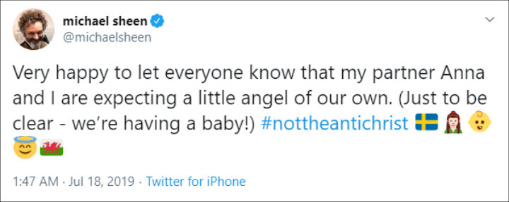 Michael Sheen announced his girlfriend Anna Lundberg's pregnancy on Twitter