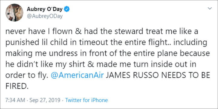 Aubrey O'Day Accuses Male Flight Attendant of Forcing Her to Undress in Public