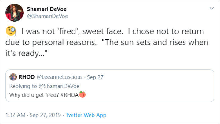 Shamari DeVoe said she's not fired from 'RHOA'