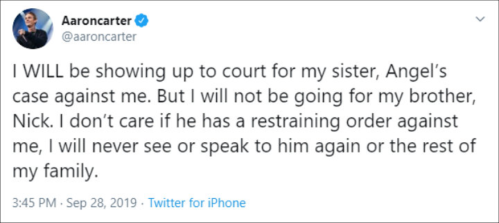 Aaron Carter Responds to Twin Sister Angel's Protection Order Against Him
