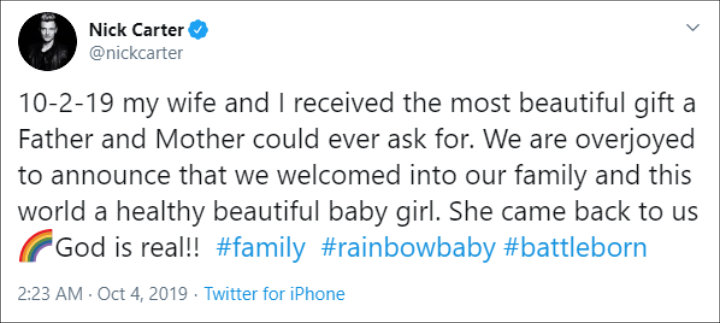 Nick Carter Announced Arrival of Second Child