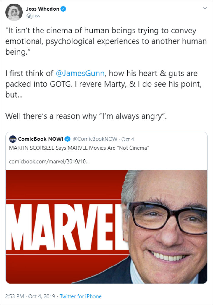 Martin Scorsese Marvel Quote James Gunn 'Saddened', Joss Whedon 'Angry' After Martin Scorsese Disses  Marvel Films