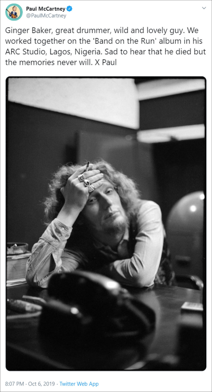Paul McCartney Pays Tribute to Ginger Baker