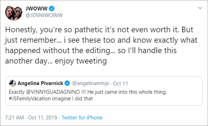 JWoww Calls Out Angelina Pivarnick on Twitter After Groping Allegations Against Her Boyfriend Zack Clayton Carpinello