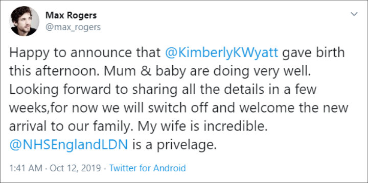 Max Rogers Announces Birth of His and Kimberly Wyatt's Third Child