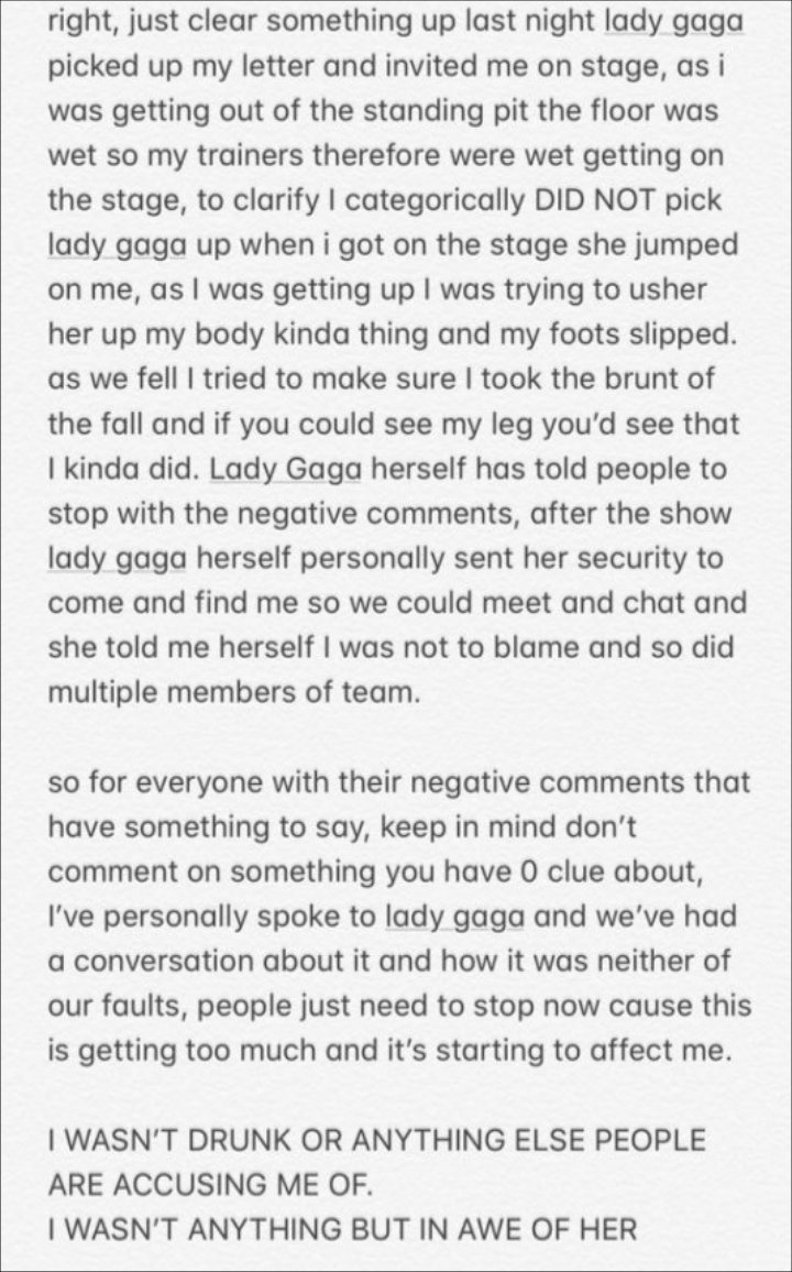 Lady GaGa's Fan Tells People to Stop Blaming Him for Her Fall From Vegas Stage