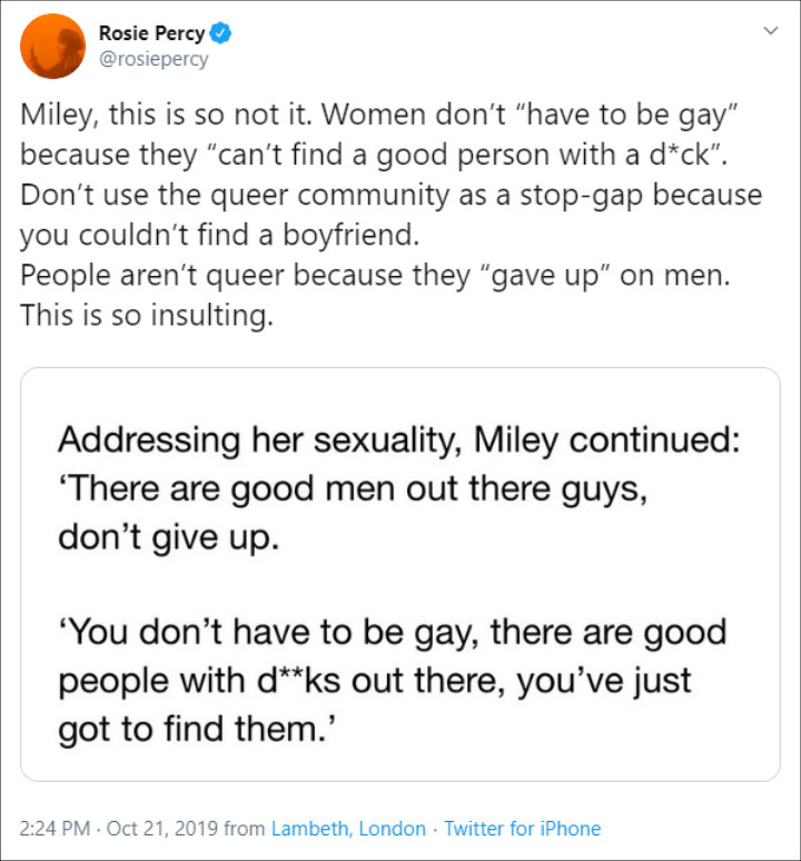 Miley Cyrus Slammed for Controversial Remark About Not Having to Be Gay