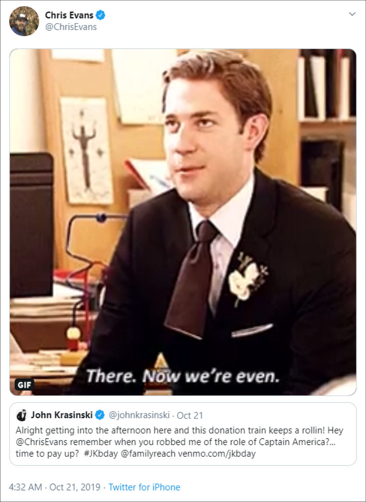 Chris Evans Responds to John Krasinski's Tweet